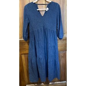 Umgee USA Blue Textured Tiered Midi Dress V Neck 3/4 Sleeve Casual Women Size S